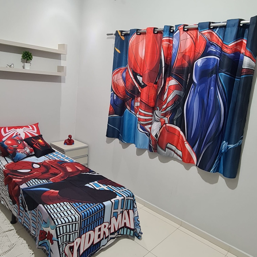 Jogo De Quarto Infantil Colcha+ Cortina Tema Homem Aranha 05 Pç ...