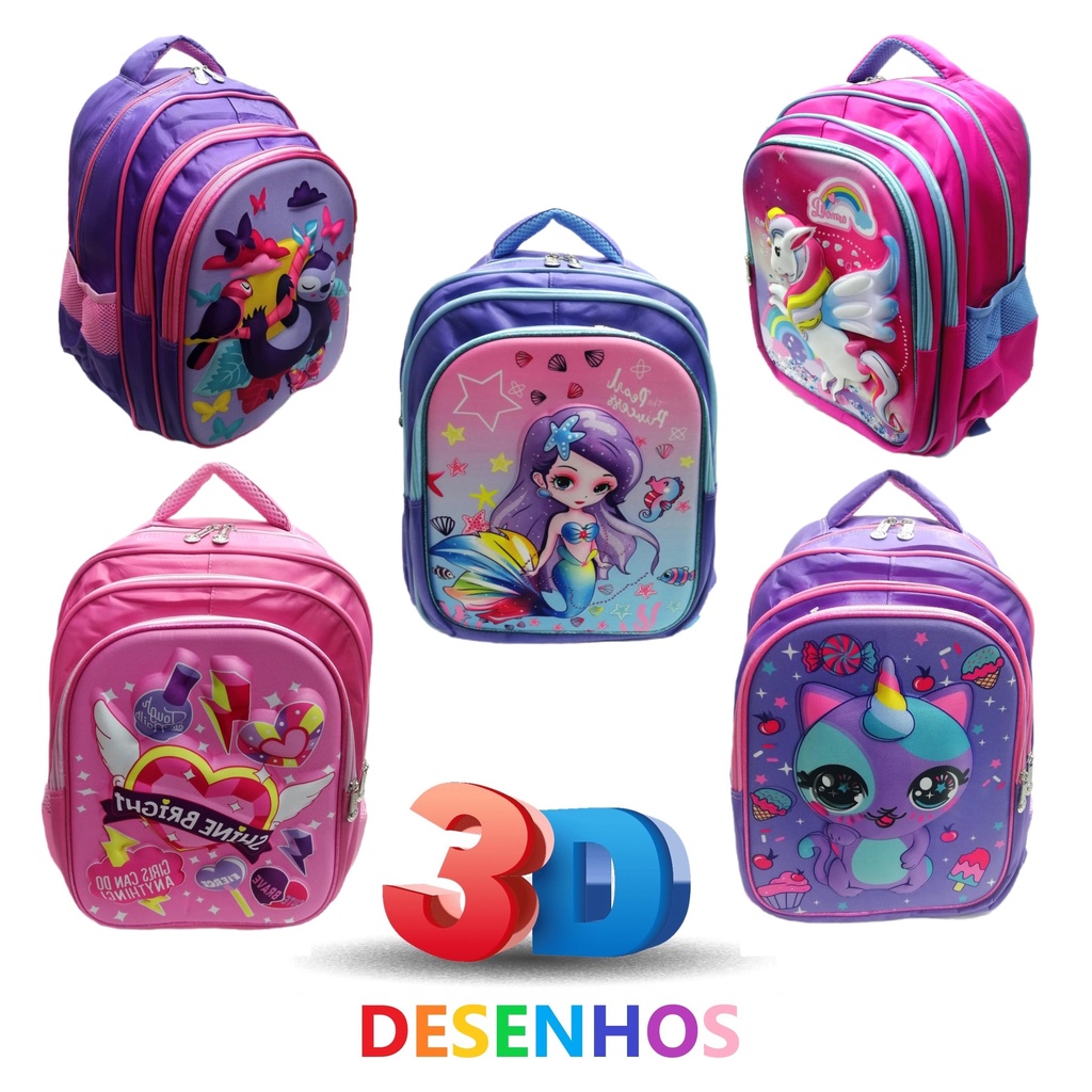 Mochila Infantil Menina Desenhos 3D Fofinho 3 Divisórios Grande Sereia ...