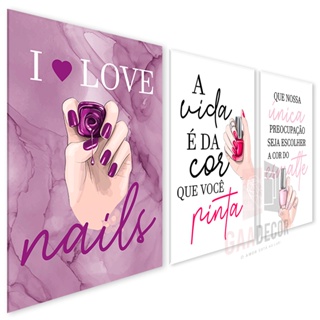 Kit 3 Placas Decorativas Manicure Nails Esmalteria Studio Unha Acrigel Quadros Quadrinhos em MDF