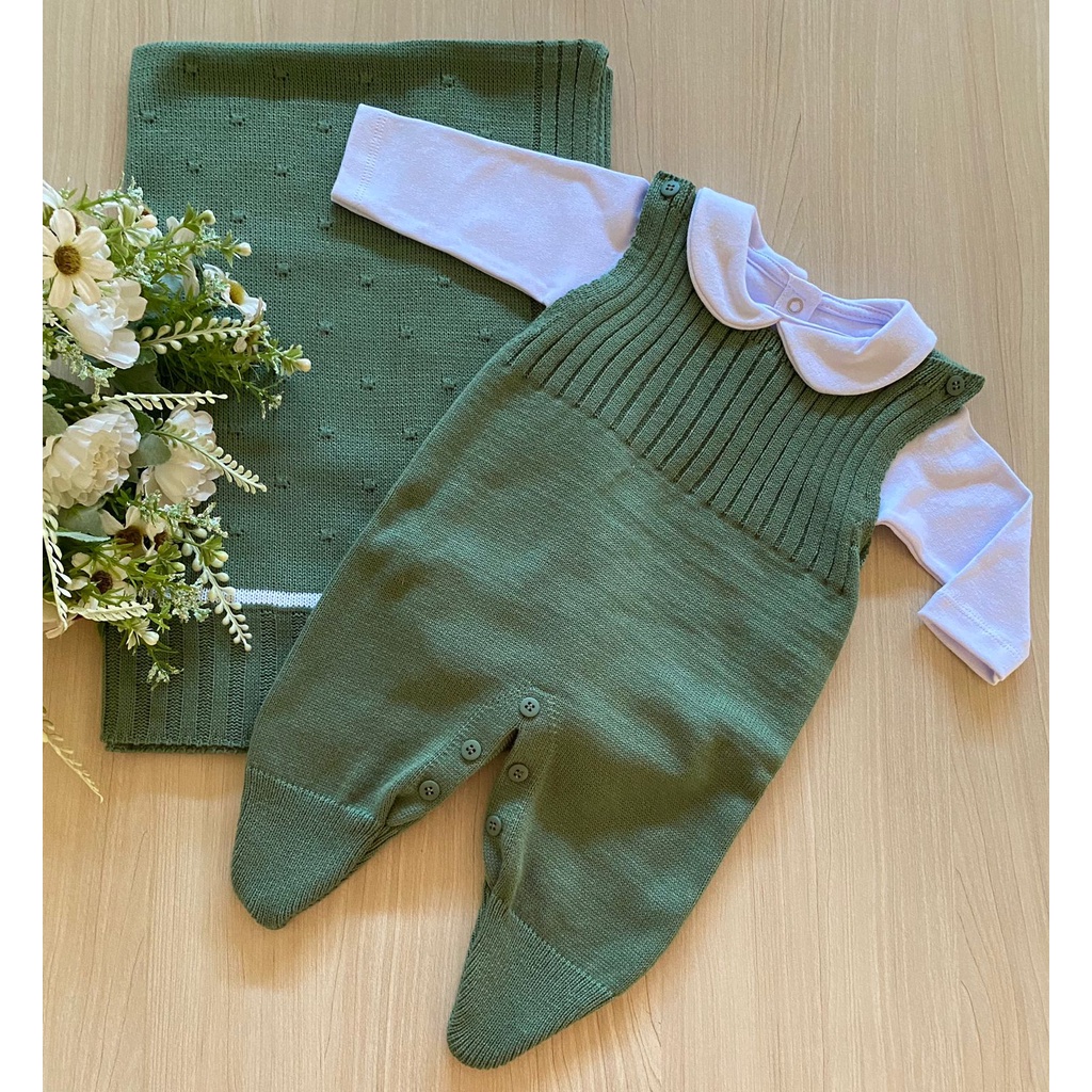 Saída de maternidade de menino em tricot verde pistache 3 peças