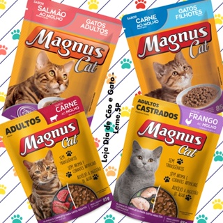 Kit 5, 10, 15, 20 Sachês Magnus Cat 85g - Sabor Salmao, Carne e Frango - Ração Úmida para Gato