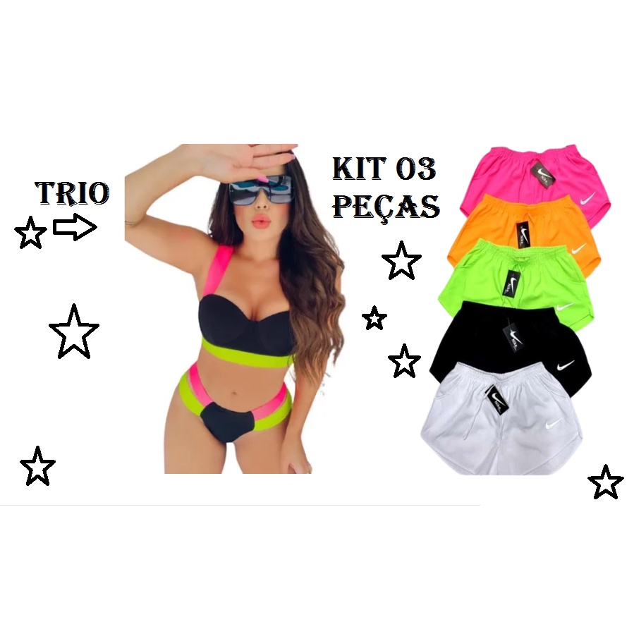 kit Trio Biquíni com Bojo Mais Shorts Praia Luxo Blogueira Asa Delta Neon lançamento