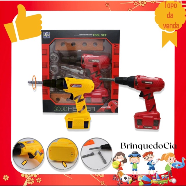 KIT 2 Ferramenta Infantil Parafusadeira E Furadeira Vermelha e Amarelo
