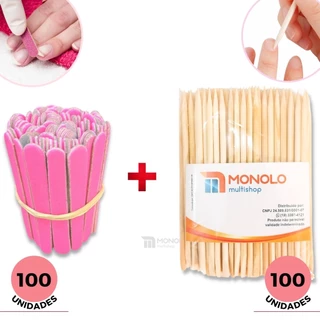 Kit 100 Lixas de Unha Mini + 100 Palitos Manicure Pedicure Podóloga Descartável Envio Imediato