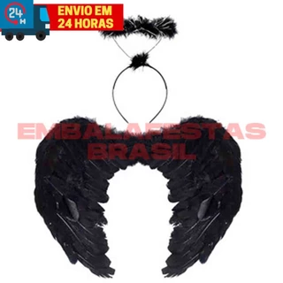 Kit Fantasia Tiara e Asa de Anjo Preta Carnaval Festas e Eventos