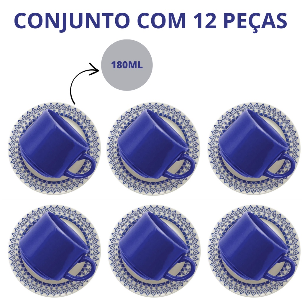 Conjunto de Chá Biona 6 xícaras com pires Donna Grécia - Azul/Off