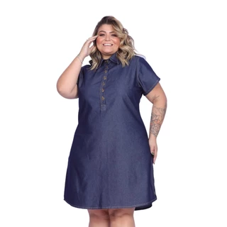 Vestido Jeans Feminino Plus Size Evangélico Chemise com Manga Soltinho Senhora