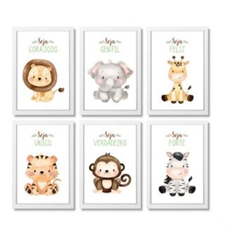 Kit QUadros Decorativos Mosaico 4 Peças Frase Safari Personalizado Desenho  Leão Elefante Zebra Macaco Girafa Zoológico Infantil Criança Abstrato