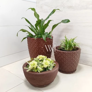 Kit 3 Vasos Jardim Polietileno Decorativos Flor ou Plantas 3D Diamante Nº1 Nº2 + Bacia Texturizada Nº1