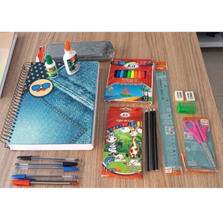 kit escolar combo material escolar com caderno e canetas + estojo