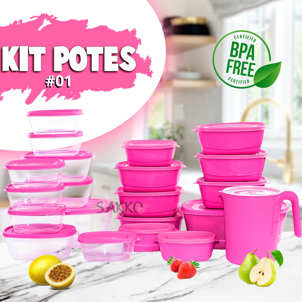 Kit Potes Retangular de Plástico mais Jarra 1.500 ML