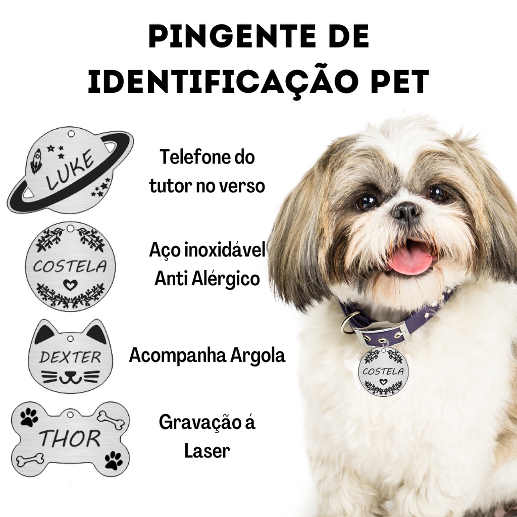 Pingente Pet com Nome Gravado Plaquinha de Identificação Cachorro Gato