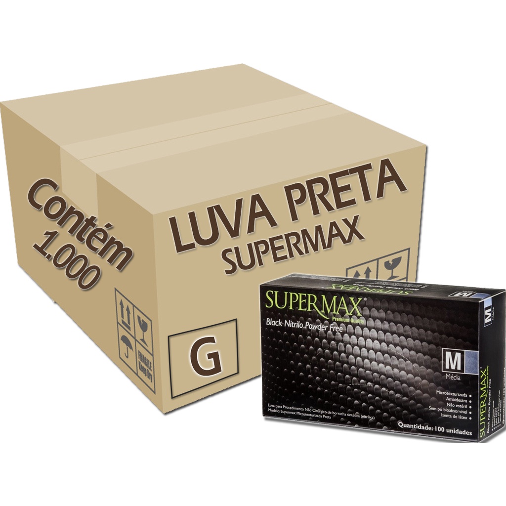 Luva Nitrilica Preta Black Supermax sem talco CAIXA EMBARQUE C/1000 ...