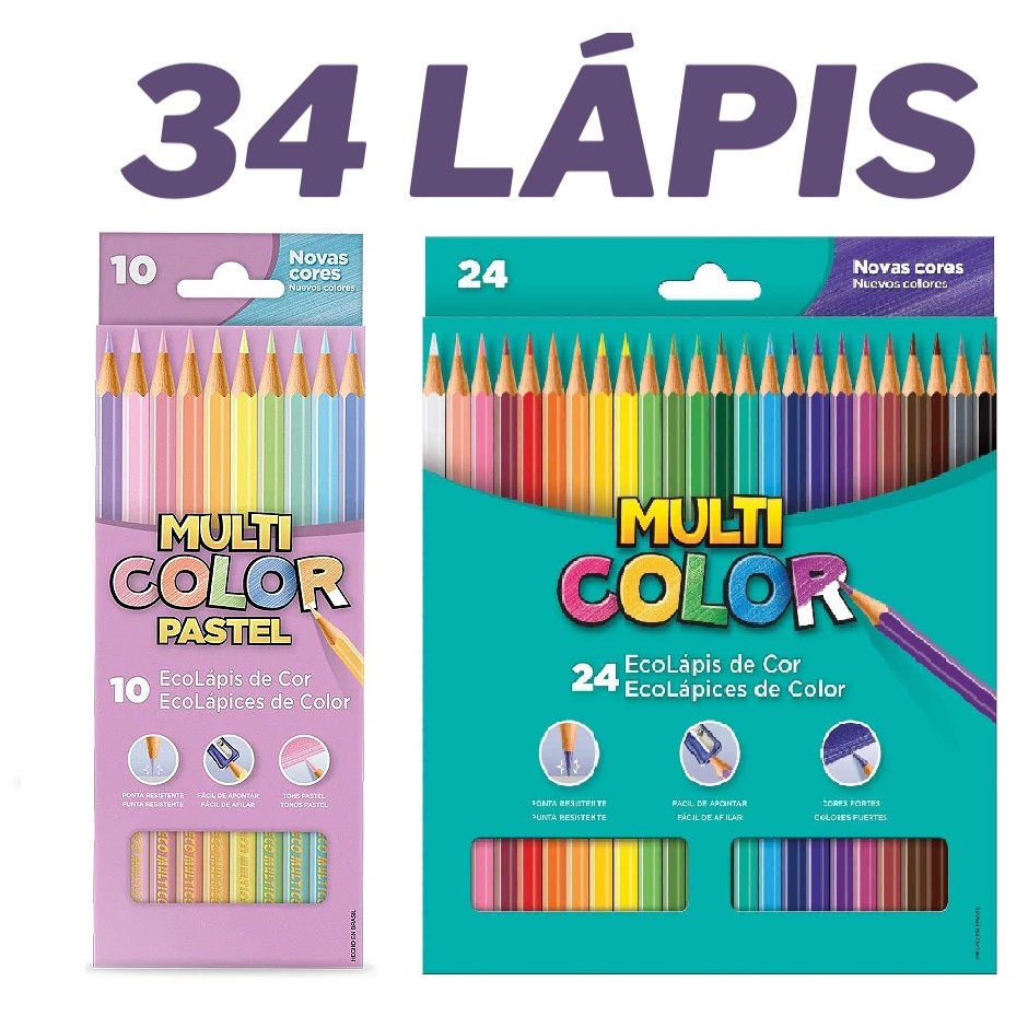 Kit Lapis De Cor 34 Cores Multicolor Básicas + Pele + Pastel :  : Papelaria e Escritório