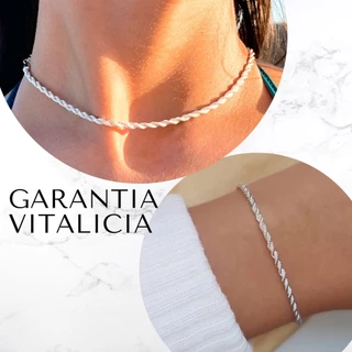 Cordão Baiano e pulseira trançada conjunto em Prata 925 original Cordão Trançado colar feminino