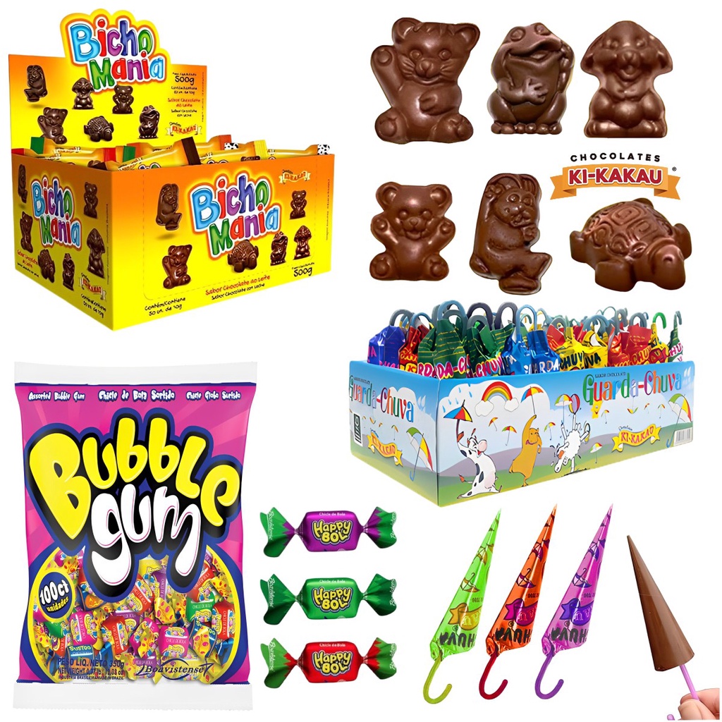 Kit Docinhos Para Sacola Surpresa 180 Itens Doces Chocolates - Sacola Surpresa Chocolates Chicletes Bicho Mania Guarda Chuva Saquinho surpresa