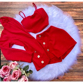 Conjunto Feminino 3 peças Max Blazer Cropped e Short Saia. Casaco Manga Longa ou Colete.
