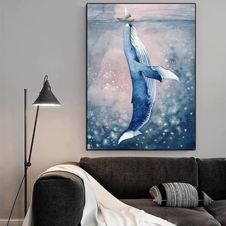 Quadro decorativo Grande baleia com pequeno navio 40x60 decoração para casa sala quarto
