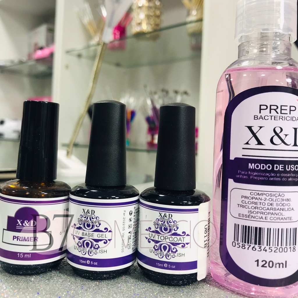 Kit Preparadores x&d top coat + gel base + primer + prep XED Shopee