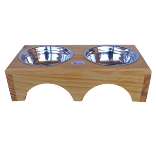Comedouro Pet Duplo Elevado P Pote Inox Madeira Cães e Gatos Modelo Lapa