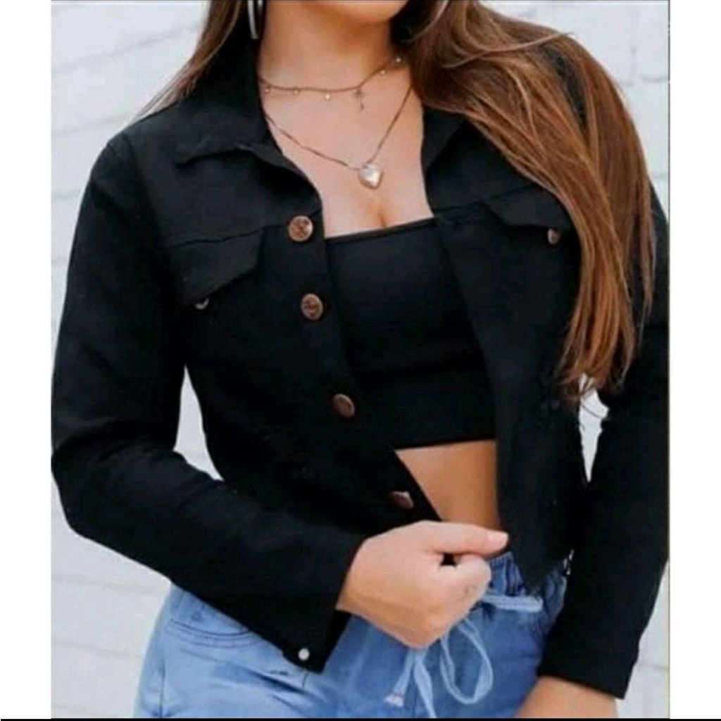 Jaqueta Cropped Jeans Preta Feminina Lisa Barra Desfiada BLOGUEIRA.