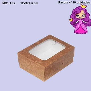 Embalagem MB1 Alta com Visor em papel Kraft - 12x9x4,5 cm - Pacote com 10 unidades