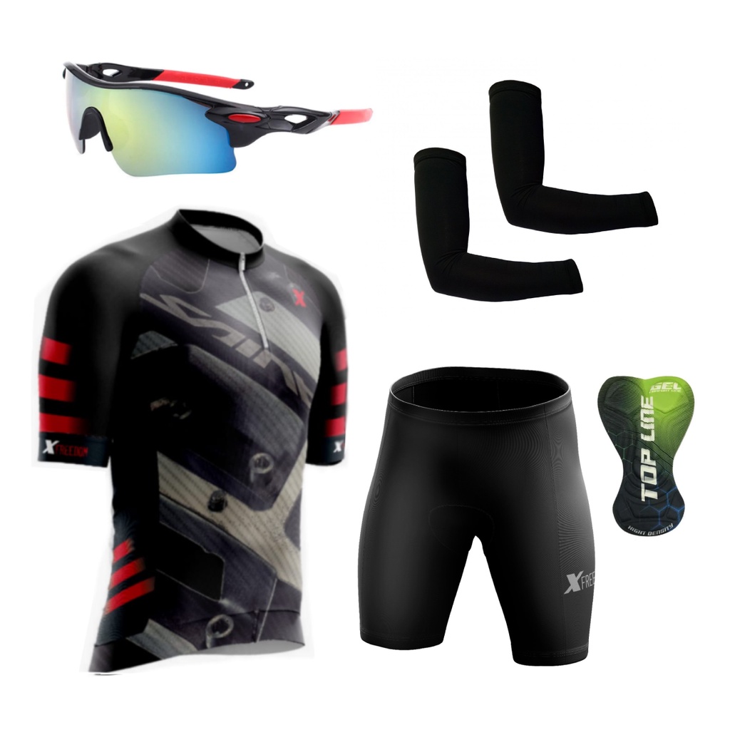 Conjunto roupas ciclismo camisa com proteçao uv e bermuda com proteção em gel par de manguitos e òculos esporte