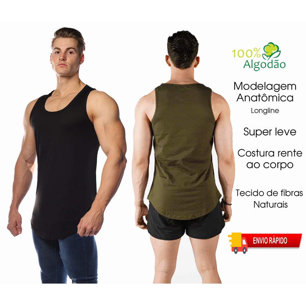 Regata Masculina Academia Longline 100% algodão, malha Fria, DriFit