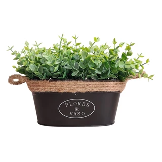 UNIDADE Floreira Pequena Preta de Metal "Flores & Vaso" com Arranjo Eucalipto Flocado Folhagem Planta Artificial Cachepot para Decoração