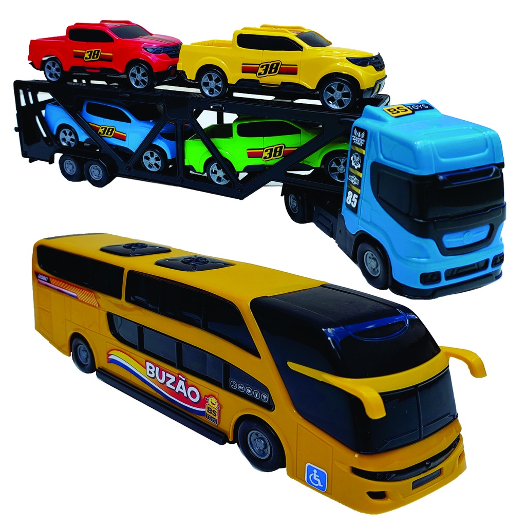 Caminhão Brinquedo Infantil Cegonha + Onibus + Reboque - Escorrega o Preço