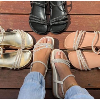 Sandália Papete Birken Rasteirinha Feminina Flat Form Strass CONFORT Blogueira 2023 Moda Tendência Lançamento