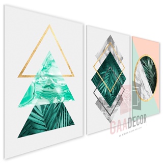 Kit 3 Quadros Decorativos para Sala Quarto Abstrato Verde Floral Decoração