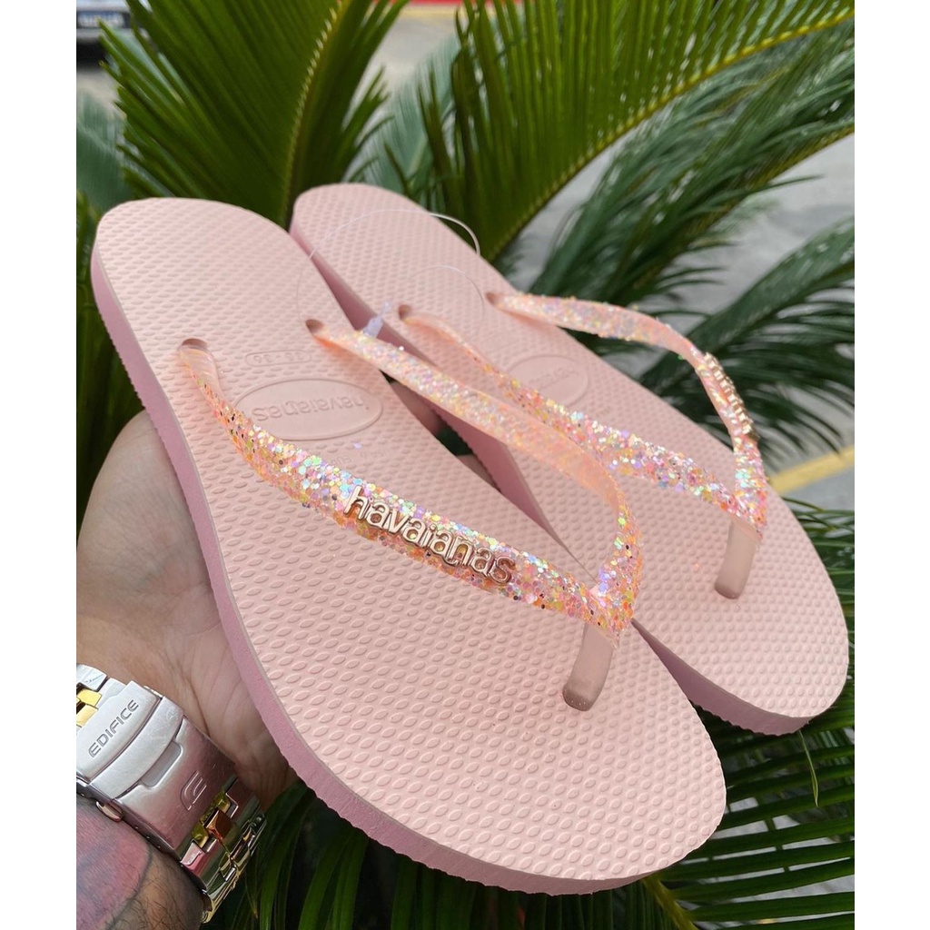 Chinelo Havaianas Slim Glitter Flourish Rosa Cores Novas