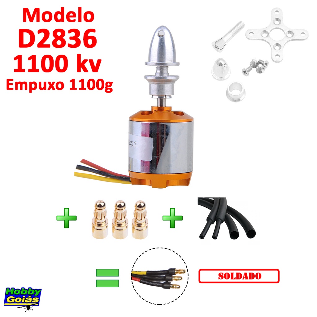 Motor D2836 A2217 1100KV Eixo 4mm Empuxo 1100g P/ Aeromodelo 110cm