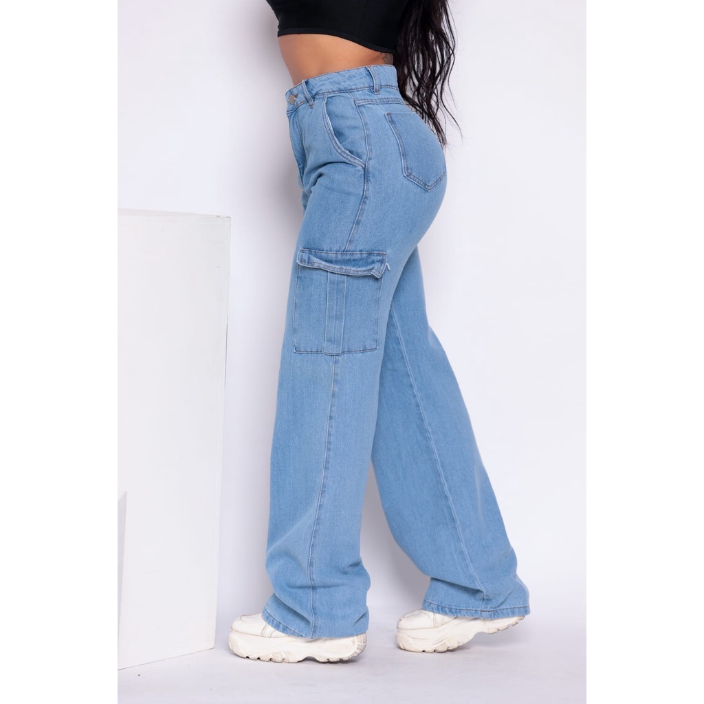 Calça Wide Leg Cargo Jeans Feminina Pantalona 100% Algodão Qualidade  Premium Jeans Grosso