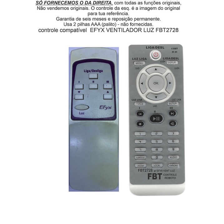 Controle Compatível EFYX VENTILADOR LUZ FBT2728