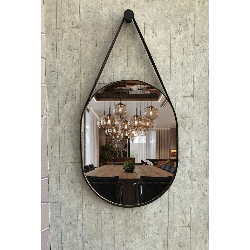 Espelho com Alça Oval Pequeno Couro 60x47 cm Quarto/Banheiro