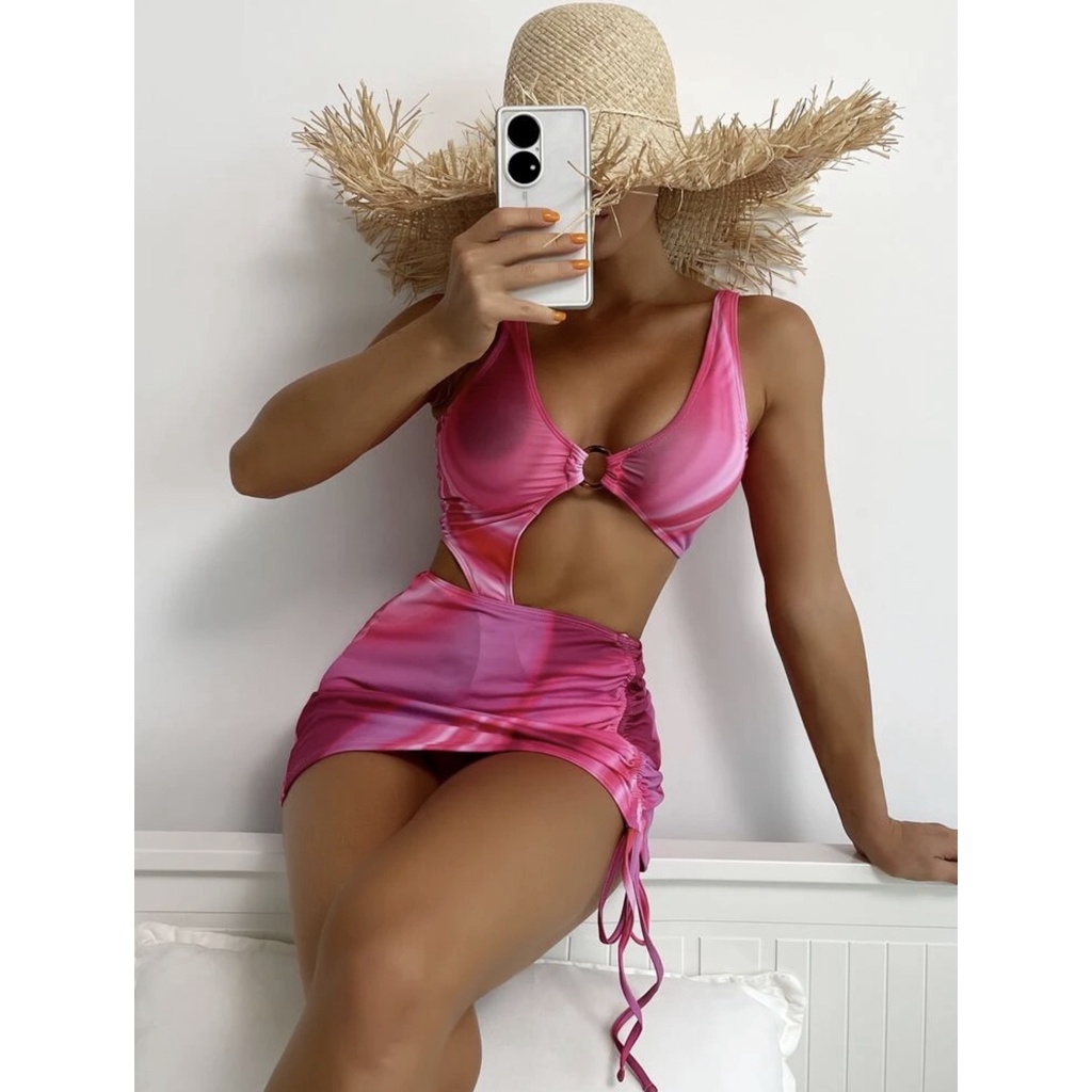 Conjunto biquíni 2 peças com saia, conjunto de maiô com saia, maiô de praia, bikini, swimsuit, saia de praia, roupa feminina, roupa de praia rosa