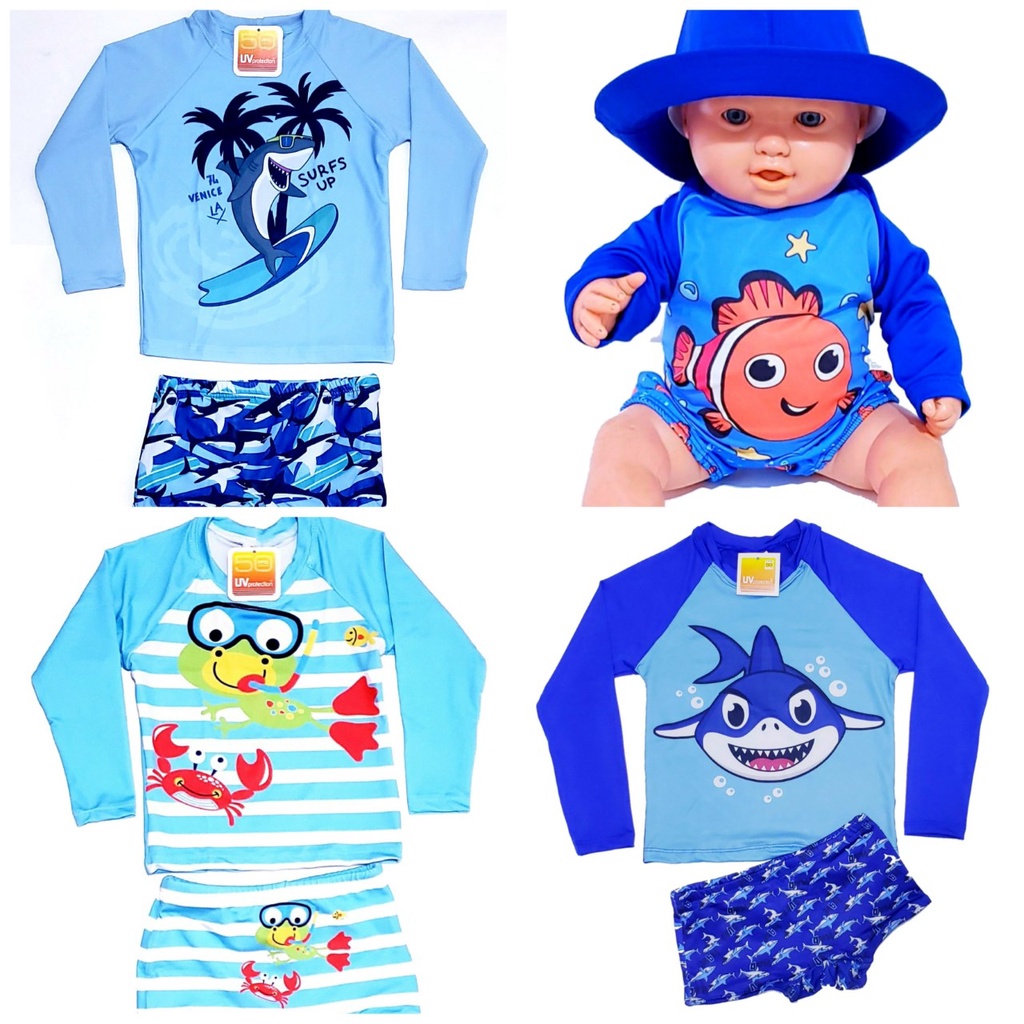 Conjunto Bebe menino proteção UV 50+ camiseta e sunga de 3 meses a 24 meses Praia Piscina Natação