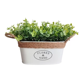 UNIDADE Floreira Pequena Branca de Metal "Flores & Vaso" com Arranjo Eucalipto Flocado Folhagem Planta Artificial Cachepot para Decoração