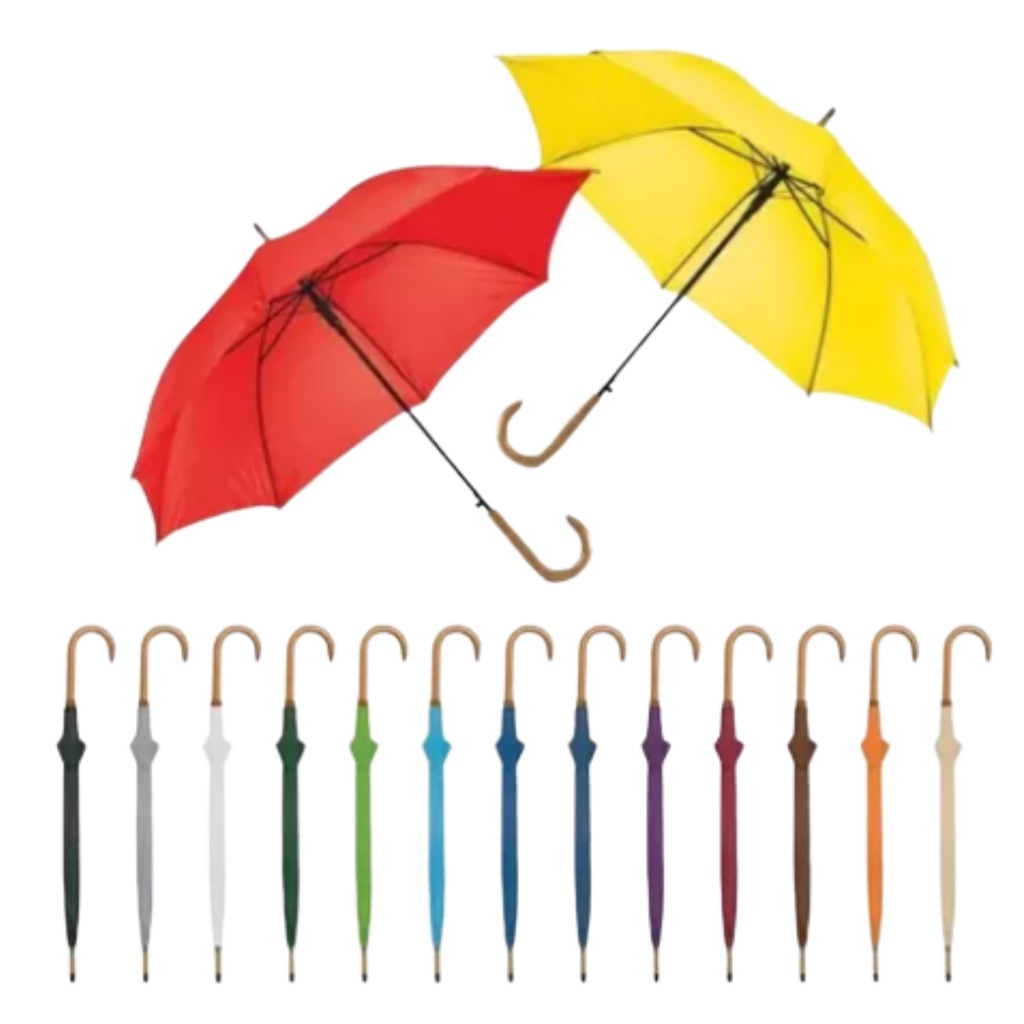 Guarda Chuva Colorido Cabo Cor De Madeira Automático S/ Logo Oportunidade Resistente