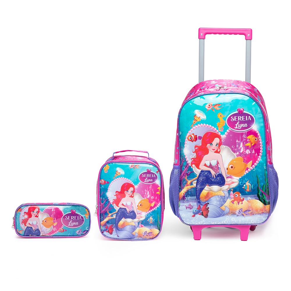 Kit Mochila Infantil de Rodinhas Escolar Infantil Personagem com Lancheira e Estojo