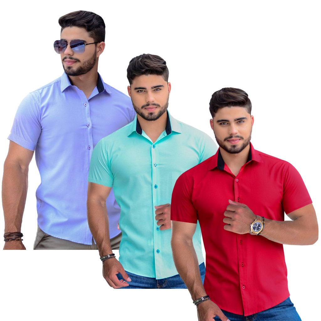 Kit 3 Camisa Social Manga Curta Masculina Tricoline Slim Fit