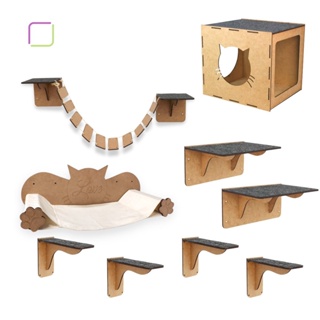 Playground para Gatos 9 Peças Parquinho Suspenso Combo Rede Nicho Ponte Degraus Prateleiras MDF Carpete Antiderrapante
