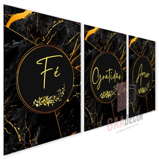Kit 3 Quadros Decorativos para Sala Quarto Frases Motivacionais Fé Gratidão Amor Decoração