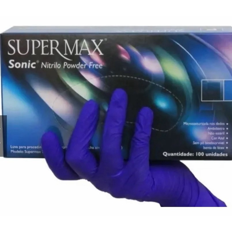 Luvas Descartáveis Supermax Antiderrapantes para procedimento Nitrilo sem pó TAM PP P M G GG Sonic Azul Celeste