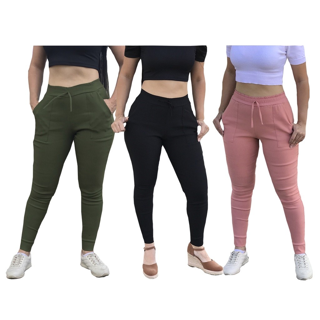kit 3 Calças Feminina Jogger Slim Elastano Cintura Alta