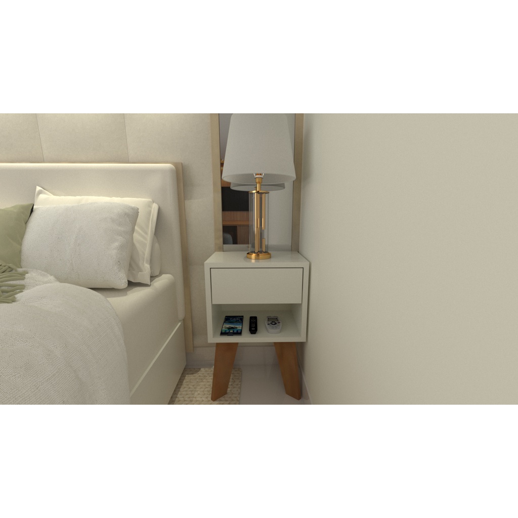 Mesa de Cabeceira 30cm MDF Branco Off White com Pés