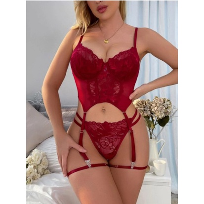 Conjunto De Lingerie Rendada Com Aros E Liga