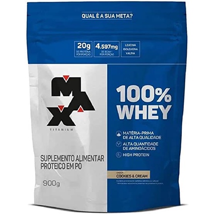 Kit – 1 100% WHEY REFIL 900G COOKIES & CREAM MAX TITANIUM + 1 Porta Whey